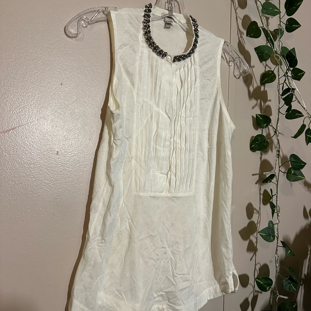 J. Crew White Sleeveless Blouse with Beaded Collar